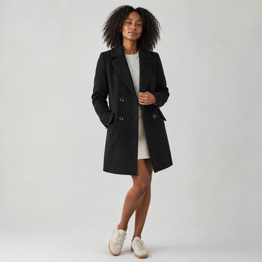 Mexx Black Wool Blend Double-Breasted Peacoat Coat, size 4